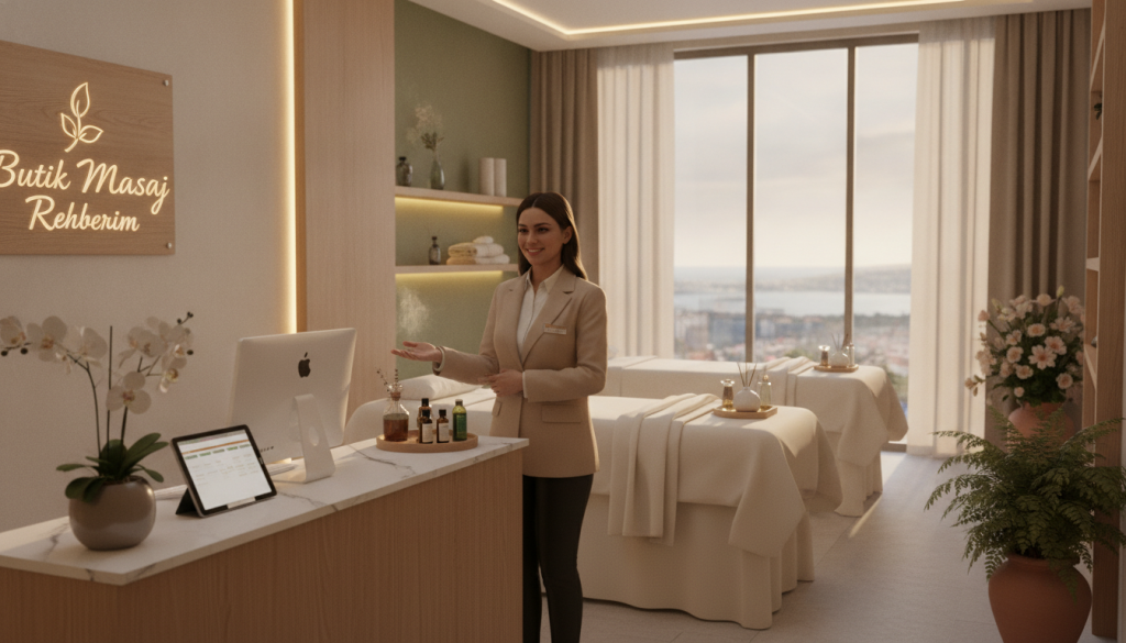 A serene image showcasing a cozy and inviting massage salon in Kartal, featuring a modern interior design with soft, ambient lighting. The foreground displays a well-organized reception area with a friendly staff member in professional attire, welcoming clients. In the middle ground, massage tables are elegantly arranged with clean linens and calming essential oils, creating a tranquil atmosphere. The background features large windows letting in warm, natural light, enhancing the soothing environment. Floral decorations and soft, earthy color palettes are present, emphasizing relaxation. The brand name “Butik Masaj Rehberim” is subtly suggested through the decor style, conveying a sense of professionalism and comfort. The overall mood is peaceful, inviting viewers to explore the popular massage salons in Kartal.