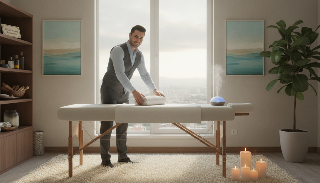 A serene indoor setting representing a massage therapy room. In the foreground, a professional masseur in business attire is preparing a massage table, exuding a warm and welcoming demeanor. Surrounding the table, soft and soothing decor elements such as candles, essential oil diffusers, and calming artwork create a tranquil atmosphere. In the middle ground, a plush rug and soft lighting from a large window enhance the relaxation theme. The background features an elegant shelf displaying massage tools and a plant for a touch of nature. The overall mood is peaceful and rejuvenating, inviting viewers to explore the concept of at-home massage services in the Kartal region. Brand name displayed subtly: "Butik Masaj Rehberim." The image captures the essence of professionalism and comfort.