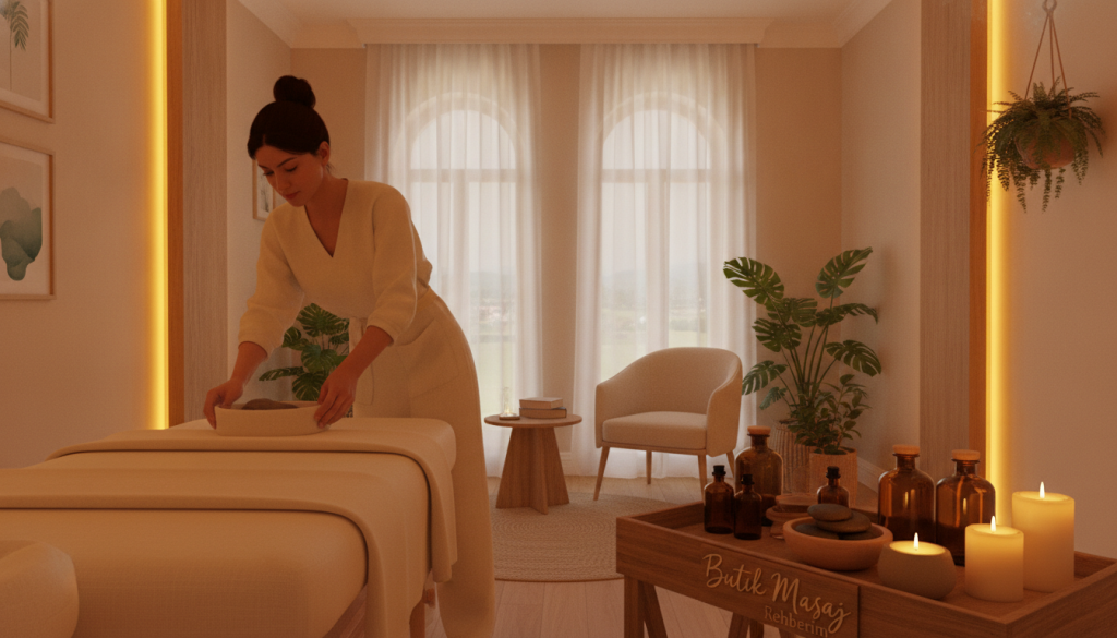 A serene massage therapy room in Çatalca, adorned with soft, warm lighting that creates a calming atmosphere. In the foreground, a professional masseuse in modest, professional attire prepares a massage table, surrounded by essential oils and soothing candles. The middle ground features a well-organized space with plants and calming artwork on the walls, conveying tranquility. In the background, large windows let in soft natural light, enhancing the sense of peace. A gentle ambiance, inviting and relaxing, supports the theme of choosing the right massage therapist. The logo "Butik Masaj Rehberim" subtly integrated into the scene can represent expert guidance.