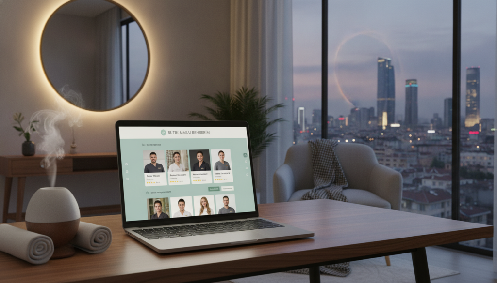 A serene, modern digital platform interface depicting a massage appointment and review system for Şişli, Turkey. In the foreground, a sleek laptop on a stylish desk displaying a user-friendly website titled "Butik Masaj Rehberim" with profiles of various massage therapists in professional attire. In the middle, a calming ambiance with soft, ambient lighting casting a warm glow over the scene. A cozy room featuring soothing colors, elegant decor, and essential massage tools subtly placed around. In the background, a cityscape of Şişli is visible through a large window, capturing the vibrant yet serene atmosphere of the neighborhood. The image conveys professionalism, trust, and relaxation, aimed at helping users discover the best massage services.