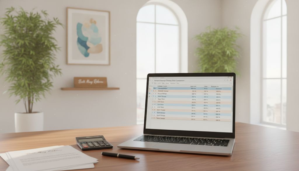 A serene office setting showcasing a professional comparison of massage therapy prices. In the foreground, a neatly organized desk displays a laptop open to a vibrant spreadsheet comparing different massage services in Esenyurt, with figures clearly visible. To one side, there's a calculator and professional stationery. In the middle ground, a gentle light filters through large windows, creating a warm atmosphere conducive to trust and professionalism. The background features a calm, modern decor with potted plants and soothing art on the walls, emphasizing a wellness theme. Soft, natural lighting enhances the overall inviting mood. Add the brand name "Butik Masaj Rehberim" subtly integrated into the design. No people or text overlays included.