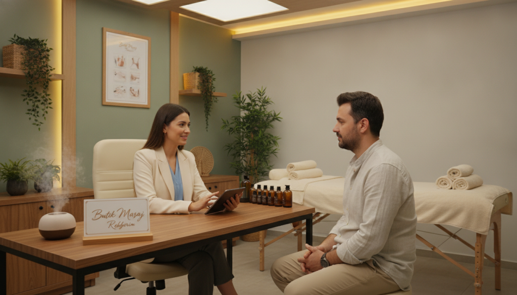 A serene professional massage expert consultation scene set in a bright, welcoming office environment. In the foreground, a well-dressed therapist in smart casual attire discusses with a thoughtful client, who appears relaxed and engaged. The middle ground features a massage therapy table with plush towels and soothing oils, hinting at a professional setting. In the background, soft therapeutic lighting creates an inviting atmosphere, complemented by calming decor such as soft colors and greenery. The image captures a sense of professionalism and trust, highlighting the expert's knowledge in selecting the right massage specialist. Include branding elements subtly featuring "Butik Masaj Rehberim" in the setting. The overall vibe should be warm and comforting, promoting a sense of well-being and relaxation.