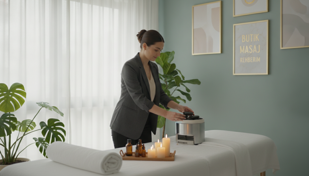 A serene, professional massage therapy setting in Kartal, showcasing a tranquil workspace. In the foreground, a well-organized massage table is draped with clean linens, surrounded by soothing candles and essential oil bottles. In the middle, a qualified female massage therapist in professional business attire gently arranges her tools, exuding trust and competence. The background features soft, natural lighting filtering through sheer curtains, illuminating calming green plants and tasteful decor. The atmosphere is peaceful and inviting, designed to evoke a sense of relaxation and professionalism. The brand name "Butik Masaj Rehberim" is subtly implied through the ambiance, conveying quality and care in massage therapy. This image captures the essential criteria to consider when selecting a massage therapist.