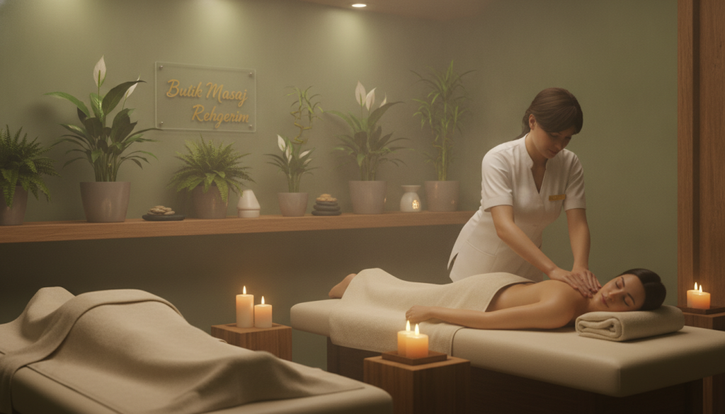A serene spa setting highlighting the health benefits of massage therapy. In the foreground, a professional massage therapist, dressed in a neatly fitted white uniform, gently applies a soothing massage technique on a client, who is comfortably covered with a soft towel. The middle layer features calming, dim lighting that enhances the tranquil atmosphere, with plush massage tables and aromatic candles flickering softly. The background showcases a peaceful setting with indoor plants and calming decor, evoking relaxation. The overall mood is one of tranquility and wellness, suggesting rejuvenation and healing through massage. Include the brand name "Butik Masaj Rehberim" subtly in the environment, such as on a shelf in the background, ensuring a cohesive and professional look.