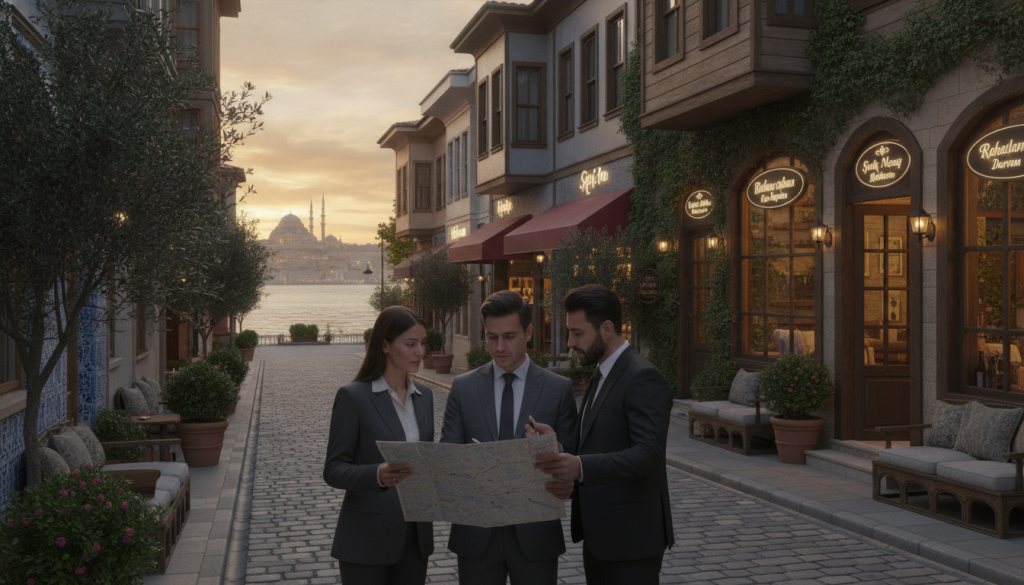 A serene street in Üsküdar, Istanbul, showcasing various massage centers, each with a unique facade. In the foreground, well-dressed individuals in professional attire are thoughtfully discussing and pointing towards a map, indicating their choices for massage centers. The middle ground features colorful storefronts, with inviting signs and lush greenery lining the street. In the background, a softly lit sky at dusk casts a warm glow, enhancing the comforting atmosphere. The setting is peaceful, emphasizing a sense of relaxation and choice. The image reflects a professional setting suited for customers exploring options for a massage experience, branded subtly with "Butik Masaj Rehberim" on the storefronts. The angle captures a slight perspective, adding depth to the lively street scene.