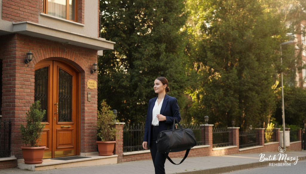 A serene urban scene in Pendik, focusing on a professional massage therapist arriving at a client's home. In the foreground, a well-dressed therapist in smart business attire carries a massage bag, exuding professionalism and warmth. The middle ground features a cozy apartment building with welcoming entrance doors, hinting at a safe and comfortable atmosphere. In the background, lush green trees and soft sunlight filtering through the leaves, creating a calm and inviting mood. The setting conveys reliability and accessibility, reflecting the importance of transportation conditions for home service providers. Include a subtle logo of "Butik Masaj Rehberim" in the corner, maintaining a soft focus. The lighting is warm and natural, suggesting an afternoon ambiance, with the lens capturing a gentle depth of field.