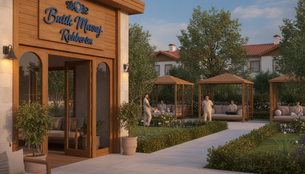 A serene urban setting in Çatalca showcasing a professional massage guide service, "Butik Masaj Rehberim". In the foreground, a welcoming and well-organized massage therapy center entrance with soft, warm lighting inviting visitors in. The middle ground features a neatly maintained path lined with greenery, leading to various professional massage therapists in modest casual clothing, interacting with clients in a friendly manner. The background captures a peaceful neighborhood scene, complete with cozy residential buildings and trees under a clear blue sky, creating a calm atmosphere. Use a warm color palette to evoke a sense of relaxation and professionalism, with a slight depth of field to enhance focus on the massage center's entrance.