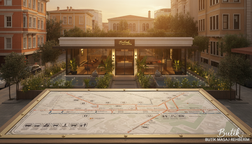 A serene view of Kadıköy's spa centers, showcasing well-marked transportation options. In the foreground, a charming public transportation map with clear icons for buses and trams, emphasizing accessibility. The middle ground features a beautifully designed spa center with a modern glass façade, surrounded by lush greenery and tranquil water features, inviting relaxation. The background includes iconic Kadıköy architecture, with vibrant city life, hinting at a bustling yet peaceful atmosphere. The scene is bathed in soft, warm lighting during golden hour, creating an inviting and serene mood. The composition captures a sense of convenience and relaxation, with no human figures present. Branding subtly integrated as "Butik Masaj Rehberim," emphasizing the guide's professionalism and approachability.