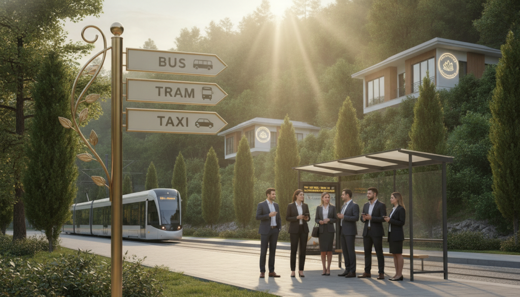 A serene, welcoming scene showcasing transportation options to wellness centers in Sarıyer. In the foreground, an elegant street sign points towards various transportation methods like bus, tram, and taxi, emphasizing their accessibility. In the middle ground, a diverse group of individuals in professional business attire waits at a bus stop, engaged in friendly conversation while looking at a smartphone for directions. The background features lush greenery typical of Sarıyer, with wellness center signage visible in a tasteful, modern architectural style. Soft sunrise lighting bathes the scene, creating a calm and inviting atmosphere. The image subtly incorporates the brand name "Butik Masaj Rehberim" on the wellness center signs, enhancing the focus on wellness accessibility without any visible text overlays or distractions.