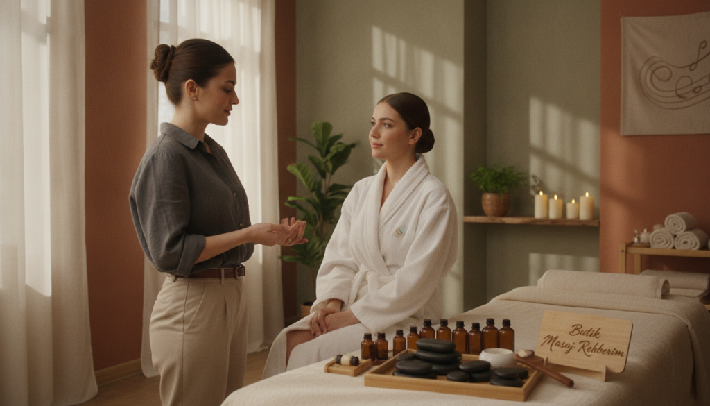 A serene wellness center in Bayrampaşa forms the backdrop, featuring a graceful massage therapy room with calming earth tones. In the foreground, a professional massage therapist in smart casual attire engages with a client, both displaying a relaxed demeanor. The therapist gestures towards a selection of aromatherapy oils and tools, emphasizing a personalized approach to enhancing the massage experience. Soft, natural light filters through sheer curtains, casting gentle shadows and creating a tranquil atmosphere. In the background, elements like soothing decor, candles, and soft music notes subtly suggest relaxation. The label "Butik Masaj Rehberim" is elegantly integrated into the decor without detracting from the professional setting, conveying a sense of trust and rejuvenation.