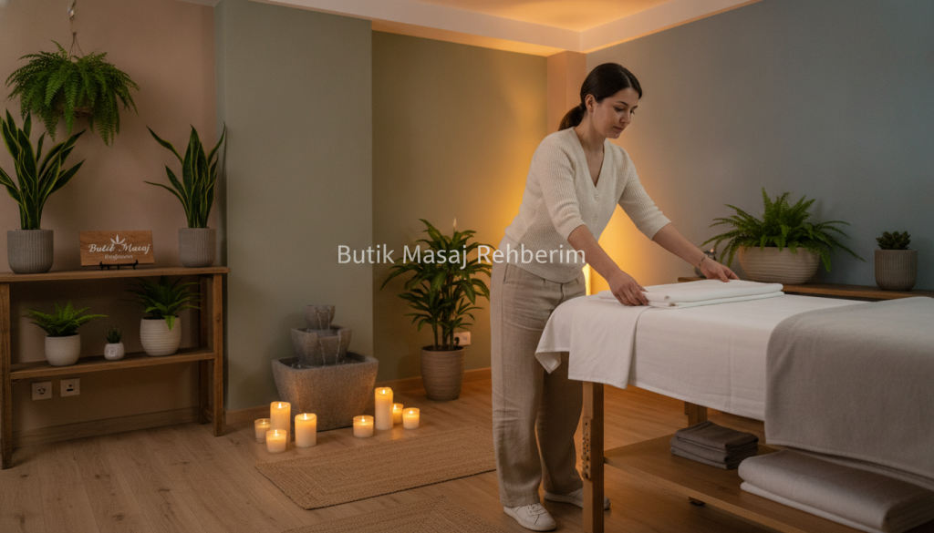 A serene wellness center interior inspired by Silivri, featuring a peaceful massage therapy room. In the foreground, a professional massage therapist in modest casual attire prepares a massage table with soft, clean linens. The middle layer showcases tranquil elements such as a soothing water fountain, aromatic candles, and plants, contributing to a relaxing atmosphere. In the background, soft, warm lighting casts a gentle glow over the space, enhancing the calm ambiance. The color palette includes natural earth tones and soft pastels, creating a sense of comfort and tranquility. Include the brand name "Butik Masaj Rehberim" subtly integrated into the decor. The overall mood is inviting and peaceful, perfect for a professional wellness experience, emphasizing quality and serenity without any text or distractions.