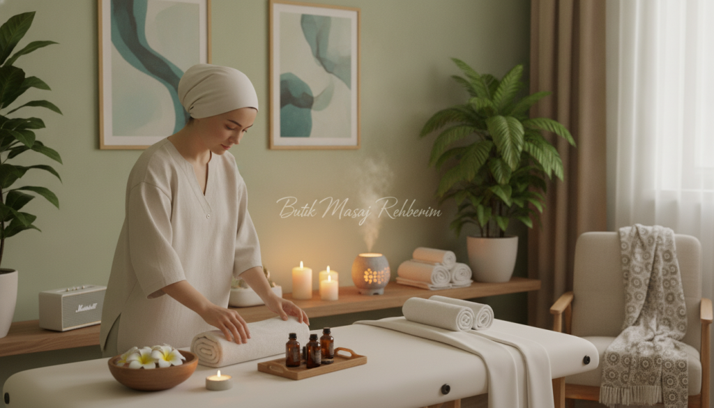 A serene wellness center setting in Sultangazi, featuring a calm massage room. In the foreground, a professional female masseuse in modest attire is preparing a massage table with soft linens and aromatic oils, radiating a sense of tranquility. The middle ground showcases ambient lighting, with warm tones emanating from candles and a gentle diffuser, creating a cozy atmosphere. In the background, there are lush plants and calming artwork on the walls. The overall mood is soothing and peaceful, emphasizing safety and professionalism. Include subtle branding elements for "Butik Masaj Rehberim" in the decor, without overt visibility. Capture this scene from a slightly elevated angle to provide a comprehensive view and an inviting ambiance.
