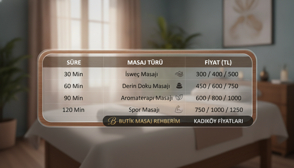 A sleek and modern comparison table displaying massage prices in Kadıköy, designed to be visually appealing. The foreground includes neatly arranged columns and rows, each cell showing different service durations and costs. The middle section highlights various massage types like Swedish, deep tissue, and aromatherapy with corresponding prices. In the background, a subtle, blurred image of a tranquil massage therapy room, creating a calming atmosphere. Soft, natural lighting illuminates the table, with a focus on clarity and professionalism. The design should reflect a sophisticated vibe, hinting at the brand "Butik Masaj Rehberim". The overall feel is informative yet inviting, suitable for readers wanting to understand massage service pricing in Kadıköy.