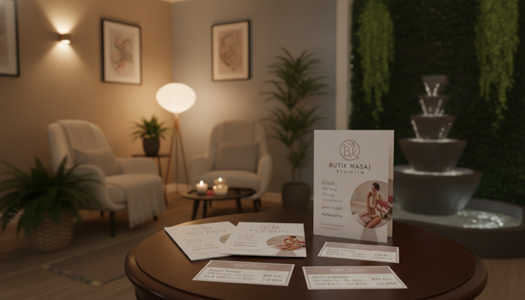 A sleek and professional image showing a comparison of massage salon prices in Tuzla. In the foreground, display an elegant table with neatly arranged price lists and brochures for various massage services offered at local salons, prominently featuring the brand name "Butik Masaj Rehberim." In the middle, showcase a comfortable and inviting salon environment with tasteful decor, soft lighting, and comfortable massage chairs. In the background, include a serene and calming ambiance, perhaps with lush plants or a peaceful water feature. The composition should evoke a sense of relaxation and professionalism. Use warm, soft lighting to create an inviting atmosphere, with a focus on capturing a peaceful mood that encourages potential clients to explore massage options.