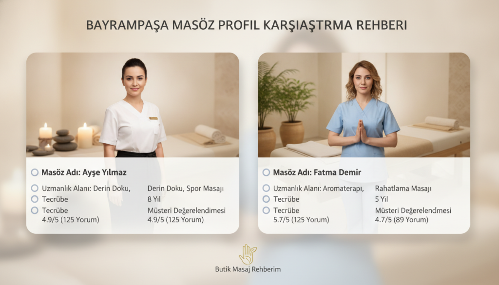 A sleek, professional layout showcasing a comparative guide of massage therapists, titled "Bayrampaşa Masöz Profil Karşılaştırma Rehberi." In the foreground, display two side-by-side profiles of female massage therapists in modest professional attire, each presenting key information in a visually appealing format, such as their expertise, experience, and customer ratings. In the middle, incorporate a clean, divided background with a subtle gradient that highlights each profile effectively. The background should feature images of peaceful spa settings, hinting at relaxation and professionalism. Use soft, warm lighting to create a welcoming atmosphere, evoking a sense of trust and comfort. Add an elegant logo for "Butik Masaj Rehberim" at the bottom center without any text or overlays.