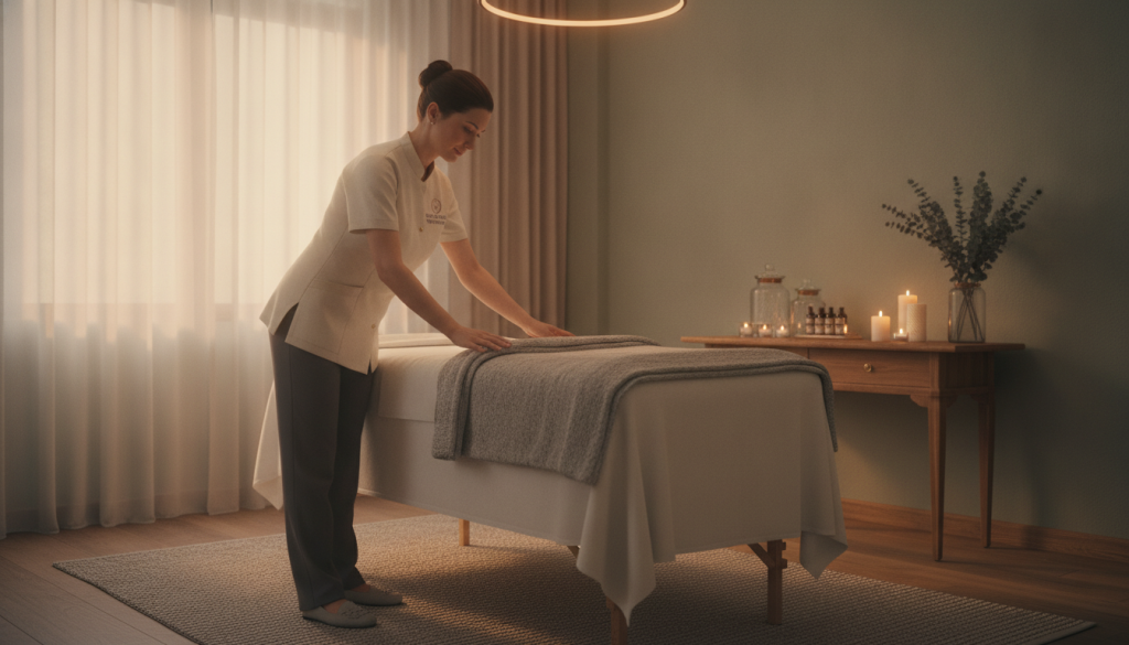 A tranquil and professional massage therapy setting, showcasing a certified masseuse from Butik Masaj Rehberim. In the foreground, the masseuse is preparing a massage table, demonstrating attention to detail in a clean and comfortable space. She wears a modest, professional outfit, exuding confidence and expertise. In the middle ground, soft, calming colors enhance the serene atmosphere, with scented candles and essential oils arranged thoughtfully. The background features warm, ambient lighting that casts a gentle glow, creating a relaxing environment. The scene is captured from a slightly elevated angle, emphasizing both the action and the inviting atmosphere. The mood is peaceful, ideal for a wellness-focused article on the importance of choosing the right masseuse based on location and professional criteria.