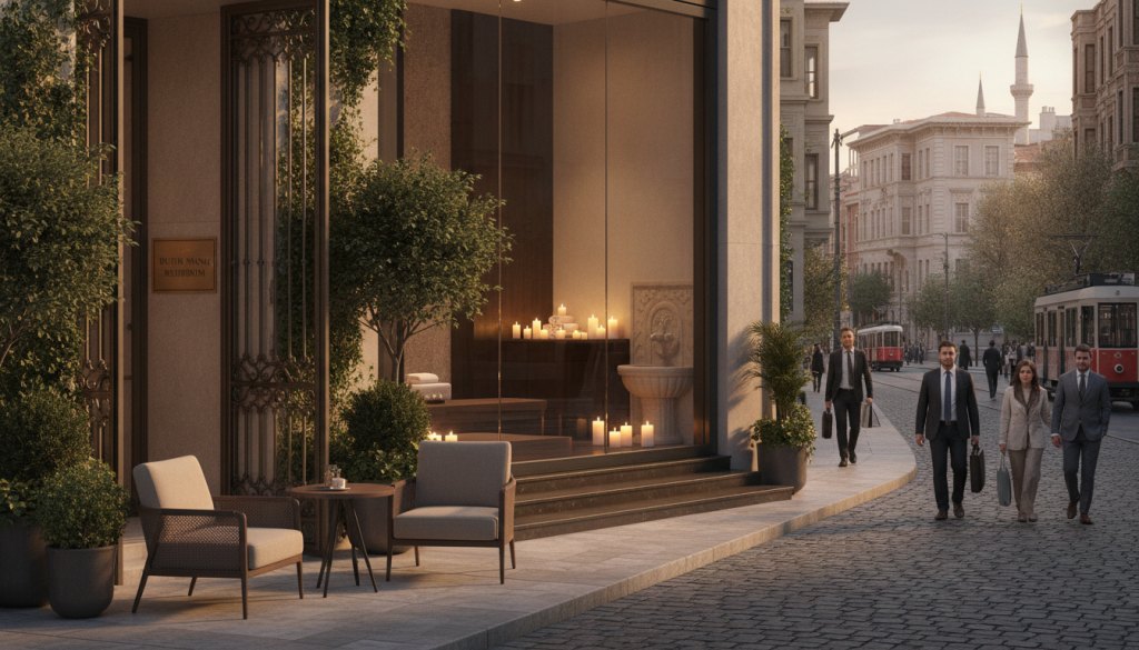 A tranquil scene showing a selection of elegant hotels and wellness centers in Beyoğlu, Istanbul. In the foreground, display a welcoming hotel entrance with lush greenery and tasteful outdoor seating. Transitioning to the middle ground, illustrate a stylish wellness center with large windows revealing a serene spa area adorned with candles and soft lighting. The background should feature the vibrant Beyoğlu street life, with historic buildings and people in professional attire leisurely walking by, capturing the essence of urban charm. Use soft, golden hour lighting for a warm and inviting atmosphere, with a focus on the aesthetic appeal of hospitality and wellness services. Incorporate the brand name "Butik Masaj Rehberim" subtly within the design.