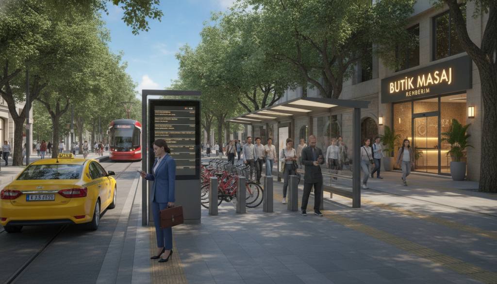 A vibrant, inviting street scene in Pendik, Istanbul, showcasing various transportation options for reaching a massage center. In the foreground, a well-dressed female business professional is examining a bus schedule, with a nearby taxi waiting. The middle ground features a bicycle-sharing station and a comfortable tram station bustling with commuters. Lush green trees line the streets, contributing to a lively, urban atmosphere. The background presents the enticing facade of a modern massage center named "Butik Masaj Rehberim," with warm lighting illuminating its entrance. The sky is clear, suggesting a pleasant day, creating an overall mood of ease and accessibility. Shot from a slightly elevated angle to capture the action and vibrancy of the environment, conveying the convenience of travel in the area.