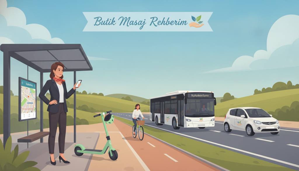 A visually engaging illustration depicting various transportation options to Büyükçekmece massage centers, emphasizing accessibility and convenience. In the foreground, a well-dressed professional woman stands at a bus stop, checking her smartphone for travel information, while an electric scooter is parked nearby. In the middle, several modes of transport like a bus, a bicycle, and a car are visible, indicating diverse commuting methods. The background features a scenic view of Büyükçekmece with clear skies and lush greenery, enhancing the inviting atmosphere. Bright, natural lighting enhances the image, with a slight depth of field focusing on the transportation scene. This composition conveys a sense of community and ease of access, branded subtly with "Butik Masaj Rehberim".
