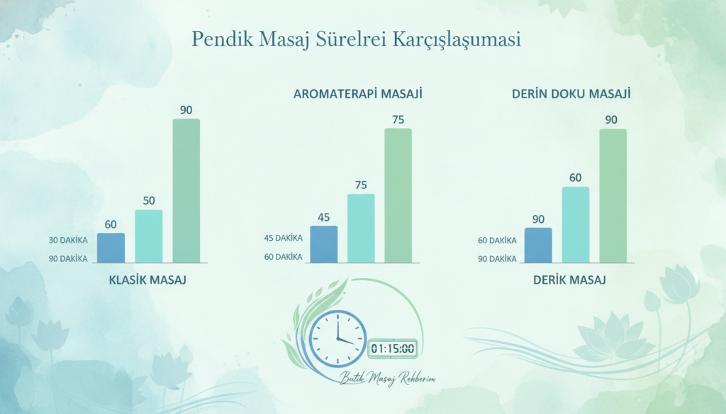 A visually engaging infographic comparing massage session durations in Pendik. The foreground features three elegant graphs detailing time comparisons of different massage therapies, set against a soft, neutral background. In the middle, a stylish clock and timer symbolize time management and session lengths, incorporating a soothing color palette of blues and greens to evoke relaxation. The background displays an abstract design inspired by wellness and tranquility, harmonizing with the theme of massage therapy. Soft lighting enhances the overall calm atmosphere, with a focus on professionalism and clarity. The brand name "Butik Masaj Rehberim" is subtly integrated into the design, emphasizing the quality of service in Pendik.