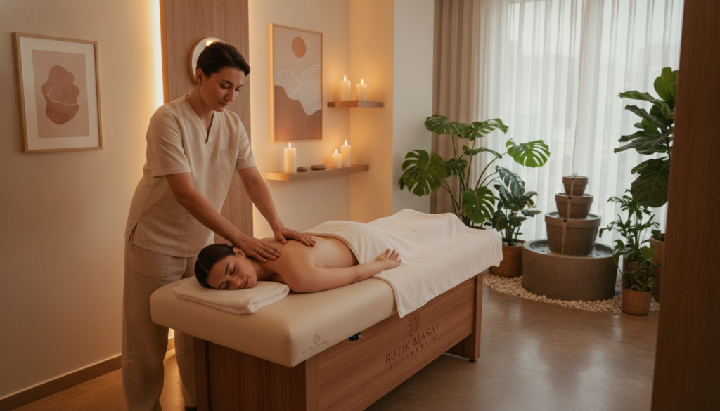 Create a serene and inviting spa scene set in Bakırköy, featuring a modern relaxation massage room. In the foreground, include a professional massage therapist, wearing modest casual clothing, demonstrating a soothing massage technique on a client lying on a massage table. The therapist should exhibit a calm and focused expression, conveying a sense of tranquility. In the middle ground, illustrate soft, warm lighting that enhances the relaxing atmosphere, complemented by peaceful decorations such as candles and soothing artwork on the walls. In the background, showcase an array of natural elements, like potted plants and a small water fountain, creating a harmonious environment. Capture the image from a slightly elevated angle, giving an expansive view of the room while ensuring the brand name "Butik Masaj Rehberim" is subtly incorporated into the space. The overall mood should be one of relaxation and wellness.
