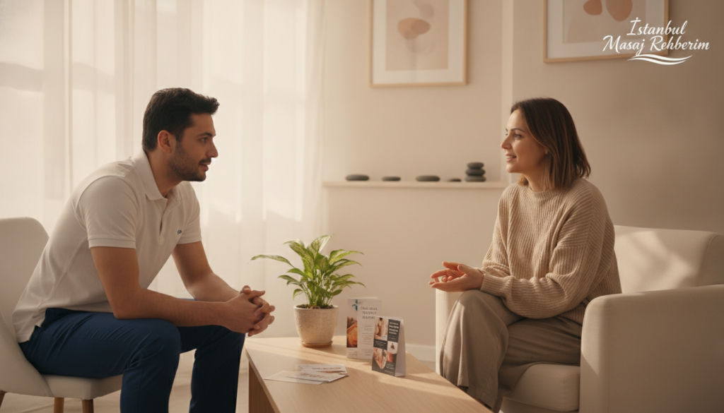 A bright, inviting massage therapy consultation room set in Şişli, Istanbul. In the foreground, a professional massage therapist, dressed in a clean white polo shirt and navy blue pants, is attentively listening to a client sitting across from them. The client, wearing comfortable yet modest clothing, appears relaxed and engaged in conversation. In the middle ground, a consultation table with brochures about massage therapy services is neatly arranged, and a plant adds a touch of greenery. The background features soft, warm lighting that creates a calming atmosphere, with soft, neutral-colored walls, and serene decorative elements. The image captures a friendly and professional mood, emphasizing the importance of the initial consultation in massage therapy. Logo overlay: "İstanbul Masaj Rehberim".