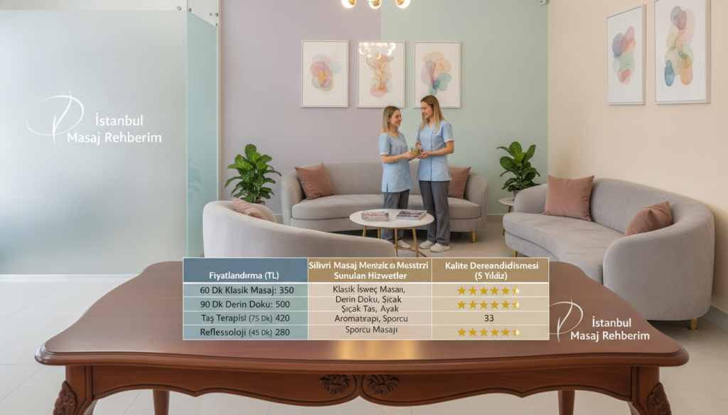 A detailed comparison chart of massage center pricing and service quality in Silivri. In the foreground, include an elegant table with columns for pricing, services offered, and quality ratings. Arrange the table neatly, using soft, professional colors to indicate harmony and reliability. The middle ground features an attractive reception area of a massage center, showcasing comfortable seating and soothing decor, with staff in modest casual clothing, demonstrating professionalism. The background includes light pastel walls and framed artwork, creating a calming atmosphere. Soft, diffused lighting enhances the scene, emphasizing a welcoming environment. The image subtly incorporates the brand "İstanbul Masaj Rehberim" within the decor, ensuring it remains integral to the design. The overall mood should be serene and informative, suitable for a professional article section.