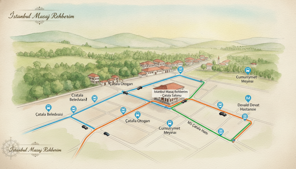 A detailed map showcasing the accessibility of a massage salon in Çatalca, illustrating various routes and transportation options. The foreground features a clear, updated road map with highlighted paths leading to the salon, labeled with key landmarks and public transportation lines. In the middle, depict small, stylized car and bus icons indicating traffic routes and stops. The background should depict the scenic surroundings of Çatalca, including trees, parks, and local architecture, with soft, natural lighting suggesting a tranquil atmosphere. The mood is welcoming and informative, emphasizing ease of access. Include the brand name "İstanbul Masaj Rehberim" subtly integrated into the design. The overall perspective is slightly elevated to provide a comprehensive view of the area.