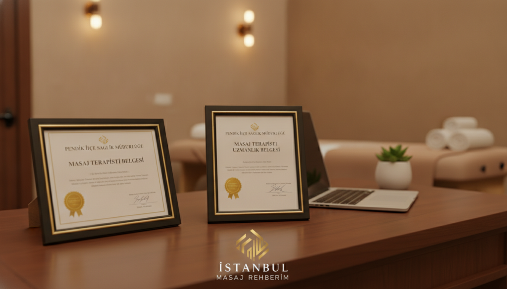 A high-resolution image depicting Pendik licensed massage therapist certificates displayed prominently on a wooden desk, conveying professionalism and expertise. The foreground features two elegant certificates framed in sleek black frames, embellished with gold accents, showcasing official seals and signatures. In the middle ground, a stylish, well-organized workspace includes a laptop and a small potted plant, symbolizing a welcoming environment for clients. The background features soft-focus images of a calming therapy room, with warm, ambient lighting that gives a serene atmosphere. The image should evoke a sense of trust and professionalism, aligning with the brand name "İstanbul Masaj Rehberim." Use a shallow depth of field to create a focus on the certificates, while the overall lighting should be warm and inviting, promoting a mood of relaxation and reassurance.