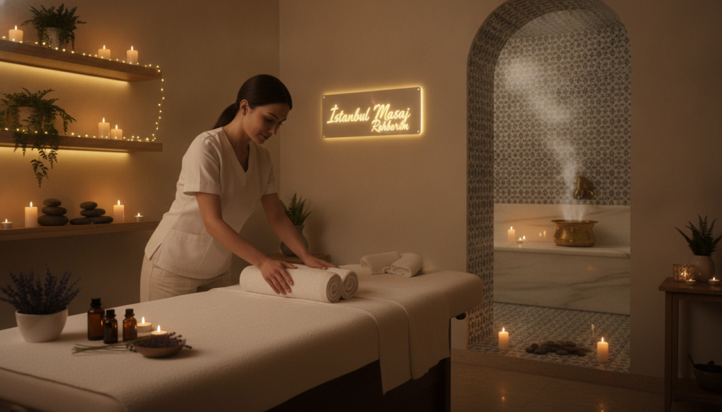A luxurious spa environment in Beşiktaş, featuring a serene massage therapy room. In the foreground, a professional massage therapist, dressed in modest casual attire, prepares a treatment table adorned with soft linens and aromatic oils, exuding tranquility. In the middle ground, a warm, inviting ambiance is created with dimmed lighting, candles flickering gently, and soothing decorations like plants and stones, enhancing the wellness theme. In the background, glimpses of a traditional Turkish hamam can be seen, with intricate tilework and soft steam rising in the air. The atmosphere is peaceful and relaxing, capturing the essence of wellness. The branding "İstanbul Masaj Rehberim" is subtly integrated into the scene, enhancing the professional aesthetic without being intrusive. The image should evoke a sense of calm and luxury.