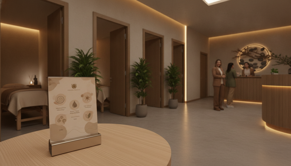 A modern wellness center showcasing diverse massage pricing options. In the foreground, a professional-looking price list displayed on a sleek wooden table, featuring elegant graphics symbolizing various massage packages. In the middle ground, a calming environment with soft ambient lighting highlights comfortable massage rooms, adorned with fresh plants and soothing decor. The background reveals a peaceful reception area with a welcoming atmosphere, featuring friendly staff in smart business attire. The color palette consists of soft earth tones, creating a serene vibe. The overall mood conveys relaxation and professionalism, promoting the brand "İstanbul Masaj Rehberim" subtly through the design elements without direct text. The angle is a slightly elevated perspective, capturing both the details on the table and the inviting atmosphere of the salon.