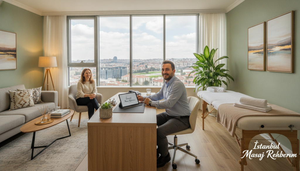 A professional and inviting setting depicting a massage therapist's consultation space in Sancaktepe. In the foreground, a therapist wearing a smart casual outfit (button-up shirt and slacks) is sitting at a stylish desk with a friendly smile, actively engaging in a conversation with a client. The middle ground showcases a comfortable consultation area with soft lighting, a massage table, and calming decor like plants and soothing artwork on the walls. The background features large windows letting in natural light, creating an airy atmosphere, and a city view of Sancaktepe. The overall mood should be warm and welcoming, reflecting a professional yet relaxed ambiance. The image represents “İstanbul Masaj Rehberim” as a trusted resource for massage therapy in the region.