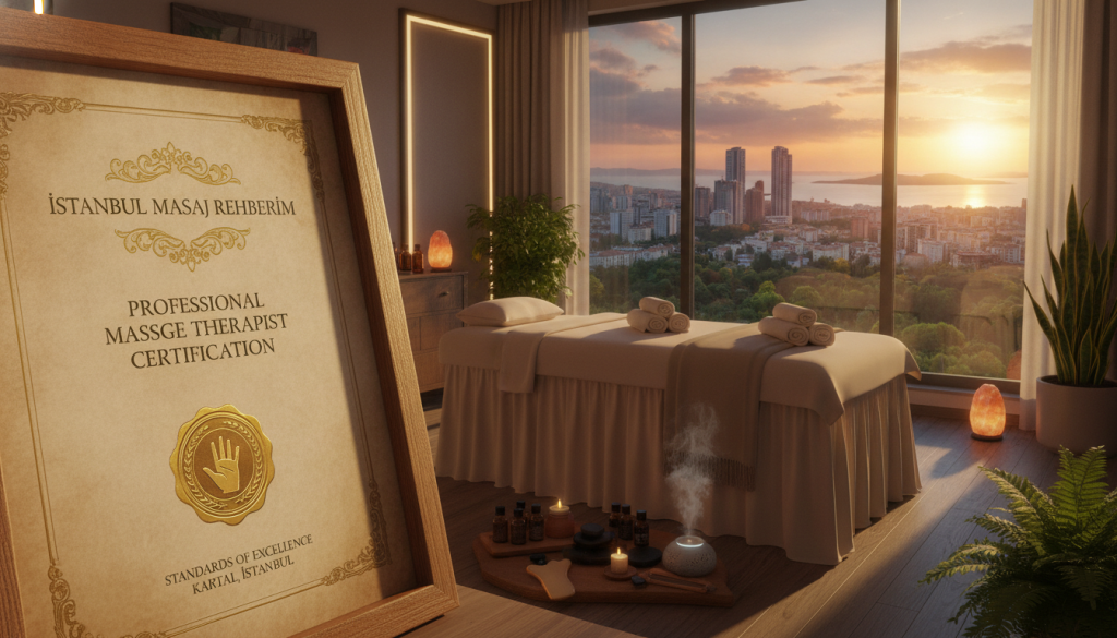 A professional massage therapist certification document displayed prominently in the foreground, featuring a gold seal and elegant lettering, indicating the standards of "İstanbul Masaj Rehberim." In the middle, include a serene environment like a calming massage therapy room, adorned with soft lighting, essential oils, and massage tools, emphasizing relaxation and professionalism. The background should depict the scenic cityscape of Kartal, with recognizable buildings and greenery, bathed in the warm glow of a sunset that enhances the tranquil atmosphere. The overall mood should be inviting and reassuring, suggesting expertise and care in massage therapy services available in the Kartal area.