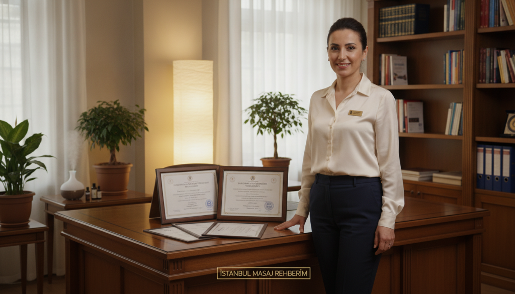 A professional massage therapist in Bakırköy, showcasing their certification documents in a well-lit office environment. In the foreground, a confident therapist, wearing business casual clothing, stands beside a desk displaying official certificates and licenses neatly arranged. The middle layer features a warm, inviting setting with soft lighting, tasteful decor, and calming elements like plants and aromatherapy items. In the background, a well-organized shelf holds more reference materials related to massage therapy. The atmosphere conveys professionalism and trust through warm tones and a serene vibe, highlighting the importance of certification and licensing in the massage therapy field. Include the brand name "İstanbul Masaj Rehberim" subtly in the scene.