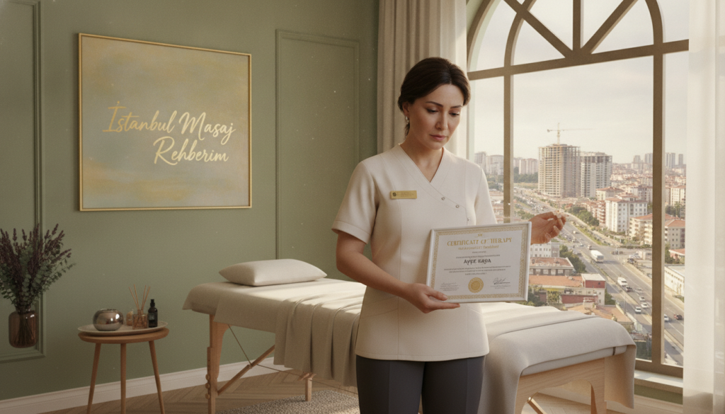 A professional massage therapist inspecting a certification in a serene and calming environment, contrasting a busy urban backdrop of Esenyurt. In the foreground, the therapist, a middle-aged Asian woman dressed in professional attire, holds a massage therapy certification with a focused expression. The middle ground features a softly lit massage therapy room, adorned with calming colors and minimalistic decor, emphasizing tranquility. The background shows the changing cityscape of Esenyurt, hinting at the bustling life outside. The natural light filtering through large windows creates an inviting atmosphere, enhancing the sense of professionalism. Capture this moment in a balanced composition, reflect the essence of expertise and trust in massage therapy. Include the brand name "İstanbul Masaj Rehberim" subtly in the scene.
