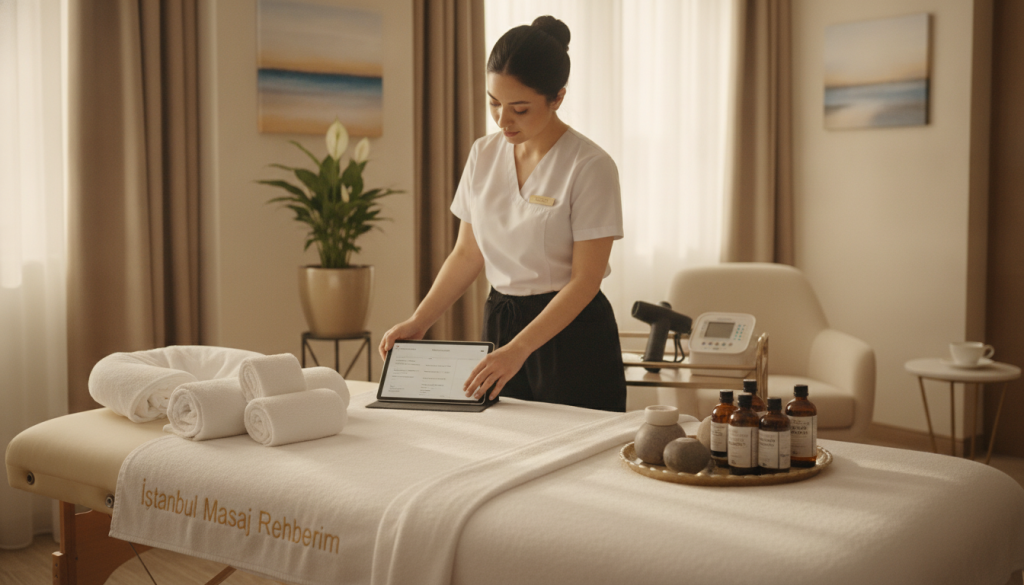 A professional massage therapist preparing for a client appointment in a serene hotel room. In the foreground, there’s a neatly arranged massage table with clean linens, soothing essential oils displayed, and soft towels. The middle features the therapist, a woman in professional attire, checking her health equipment and client forms with a focused expression. The background shows warm lighting with calming decor, such as plants and gentle artwork, creating a tranquil atmosphere. The scene is well-lit, suggesting a morning or afternoon setting, captured from a slightly elevated angle to provide an inviting perspective. The overall mood is professional and soothing, embodying the essence of relaxation and wellness. The brand name "İstanbul Masaj Rehberim" subtly integrated into the environment.