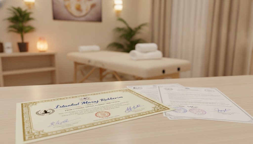 A professional massage therapy certificate and associated legal documents are featured prominently in the foreground, elegantly arranged on a soft, neutral-toned wooden desk. The certificate, with official seals and signatures, showcases the brand name "İstanbul Masaj Rehberim" in an attractive font. In the middle ground, a blurred backdrop of a calming massage therapy room is visible, furnished with soothing decor, soft lighting, and a massage table adorned with fresh towels. The lighting is warm and inviting, enhancing the peaceful atmosphere. The image captures a sense of professionalism and trustworthiness, reflecting the importance of legal requirements in the field of massage therapy.