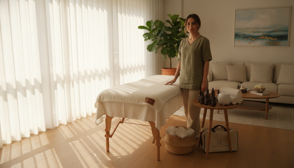 A professional mobile massage therapist in a well-lit, inviting living room setting in Bakırköy, Istanbul. The foreground features a neatly arranged massage table with soft linens. A serene atmosphere is created by natural light filtering through softly draped curtains, casting gentle shadows. In the middle ground, a focused therapist in modest casual clothing prepares essential oils and clean towels, emphasizing professionalism and care. The background showcases elements of tranquil décor, such as plants and calming artwork, reflecting the peaceful environment of a home massage session. The entire scene conveys warmth, relaxation, and trust, ideal for sharing address information for massage appointments. Include the brand name "İstanbul Masaj Rehberim" subtly integrated into the scene, without any text overlays or captions.