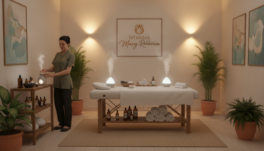 A serene Sultangazi massage therapy environment, featuring a well-organized treatment room. In the foreground, a professional massage therapist, dressed in modest, professional attire, prepares for a session, demonstrating a warm and welcoming demeanor. The middle ground showcases a massage table adorned with fresh towels, essential oils, and calming aromatherapy diffusers, contributing to a tranquil atmosphere. In the background, soft, ambient lighting casts a soothing glow over the room, and potted plants add a touch of nature. The walls are decorated with calming artwork, enhancing the peaceful mood. The overall scene should communicate professionalism and comfort, ideal for the brand "İstanbul Masaj Rehberim".