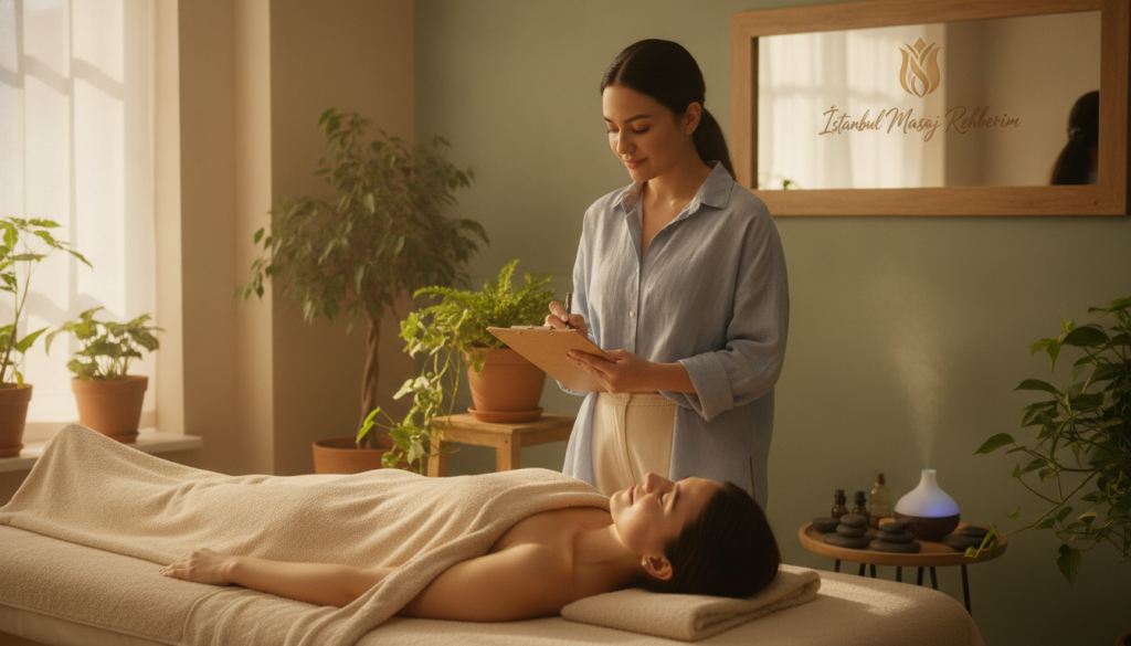 A serene and calming atmosphere depicting a post-massage evaluation scene in Ümraniye. In the foreground, a relaxed client reclines on a comfortable massage table, wrapped in a soft towel, with a satisfied expression on their face. A professional therapist, dressed in modest casual attire, is seated nearby, taking notes on a clipboard. In the middle, natural elements like green plants and soft ambient lighting create a tranquil environment. The background features a peaceful room with soothing colors and essential oil diffusers, enhancing the sense of relaxation. The scene is captured using soft lighting to evoke a warm, inviting mood, emphasizing comfort and professionalism. Illustrate the brand "İstanbul Masaj Rehberim" subtly within the ambiance without any distracting text or overlays.
