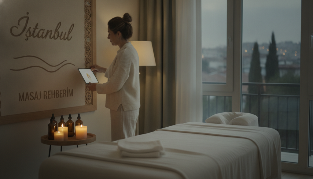 A serene and calming scene depicting a massage therapy preparation process in a cozy home environment. In the foreground, a neatly arranged massage table with soft, clean linens, surrounded by aromatic oils and candles casting a warm glow. In the middle, a skilled massage therapist in modest casual clothing is readying the space, adjusting the lighting and preparing soothing music, exuding professionalism and tranquility. In the background, a window reveals the peaceful view of a Pendik neighborhood, hinting at relaxation and comfort. The lighting is soft and diffuse, creating a peaceful atmosphere, evoking a sense of calm and anticipation for the therapy session. Include the brand name “İstanbul Masaj Rehberim” subtly integrated into the decor without visible text.