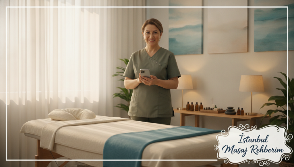 A serene and inviting atmosphere depicting a professional massage therapist's workspace in Ataşehir. In the foreground, there is a soft, neatly arranged massage table with calming colors, placed in a brightly lit room. The middle ground features a skilled massage therapist, a middle-aged individual in a stylish, modest outfit, demonstrating a warm smile while holding a smartphone, symbolizing communication. In the background, there are soothing elements like essential oils on a shelf, soft lighting from lamps, and calming artwork on the walls. Natural sunlight filters through sheer curtains, creating a tranquil ambiance. The overall mood is peaceful and welcoming, emphasizing the idea of setting up a professional appointment. At one corner, include the brand name “İstanbul Masaj Rehberim” subtly integrated within the design.