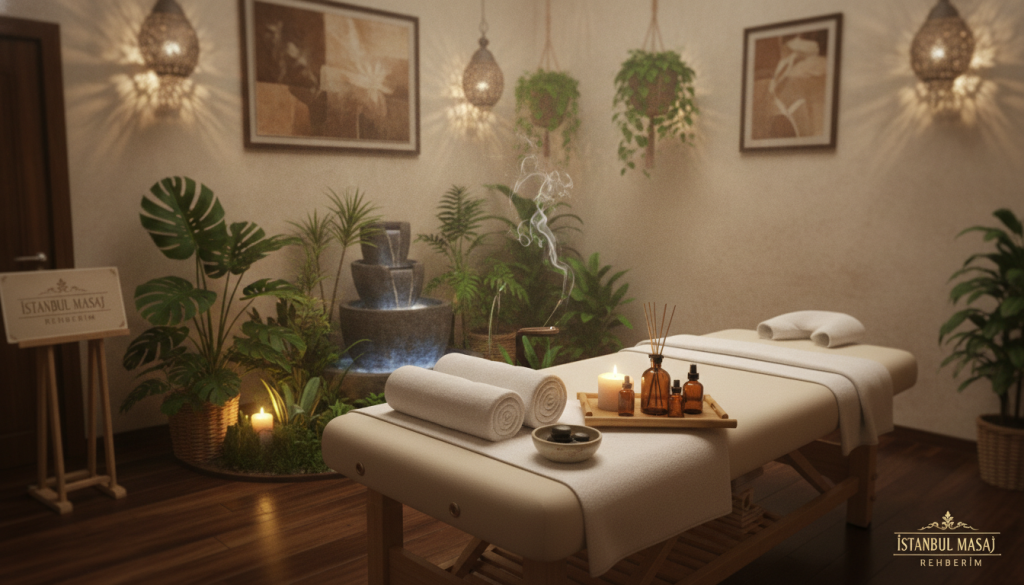 A serene and inviting interior of a massage salon in Beyoğlu, showcasing a relaxing atmosphere. In the foreground, a cozy massage table adorned with soft, plush towels and calming aromatherapy oils. In the middle, a soothing water feature gently bubbling, surrounded by plants that enhance the tranquil ambiance. The background features warm, dim lighting with elegant lanterns casting a soft glow, and walls decorated with nature-inspired artwork. A subtle hint of incense wafts through the air, contributing to the peaceful mood. Use a wide-angle lens to capture the entire room in a soft focus. Portray the space as upscale and inviting, representing "İstanbul Masaj Rehberim" while ensuring a professional aesthetic without any human subjects.