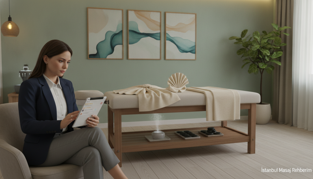 A serene and inviting interior of a massage therapy room in Çekmeköy, showcasing a professional massage therapist assessing client reviews on a tablet. In the foreground, the therapist, dressed in smart business attire, expresses focus as they read. The middle ground features calming elements like soft, ambient lighting and a massage table with neatly arranged towels. The walls are adorned with soothing artwork that reflects relaxation and wellness. In the background, a small plant and a fountain enhance the tranquil atmosphere. The overall mood is peaceful and professional, emphasizing the importance of client feedback in choosing a massage therapist. The image should evoke a sense of trust and professionalism, branded subtly with "İstanbul Masaj Rehberim" near the corner.