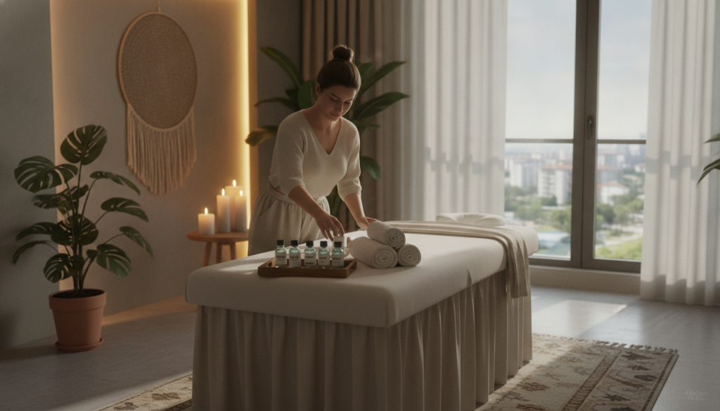 A serene and inviting massage preparation setting in Başakşehir, showcasing a well-arranged massage room. In the foreground, a professional massage therapist in modest casual attire is setting up calming aromatherapy oils and soft towels on a massage table. The middle ground features a well-lit space with soft ambient lighting, natural plants, and soothing decorations like candles. In the background, a window allows gentle daylight to filter in, creating a peaceful atmosphere. The overall feel of the image should convey tranquility and professionalism, ideal for a home massage appointment. Emphasize the brand "İstanbul Masaj Rehberim" through stylistic elements in the room, without text or logos, ensuring the focus remains on the preparation process for a professional massage experience.