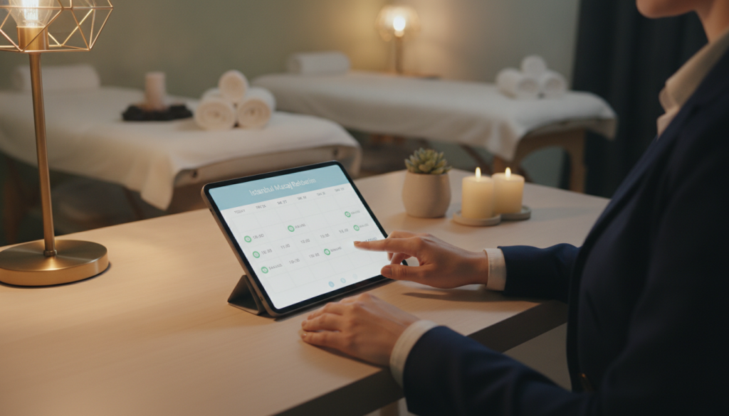 A serene and inviting massage therapy appointment interface from İstanbul Masaj Rehberim, featuring a well-designed booking system on a tablet displayed on a modern wooden desk. In the foreground, hands of a professional therapist in business attire gently interacting with the screen, showcasing a digital calendar with available time slots. The middle ground includes tasteful decorations like soothing plants and aromatic candles, enhancing the calming atmosphere. The background reveals a softly lit spa room with relaxing colors, ambient lighting, and massage tables, creating a welcoming vibe for clients. A warm glow from a nearby lamp casts gentle shadows, contributing to a tranquil mood, emphasizing the importance of comfort and professionalism in booking a massage therapy session.