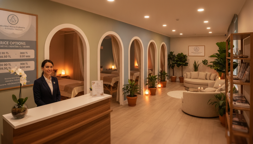 A serene and inviting massage therapy center in Üsküdar, showcasing a tranquil environment. In the foreground, a neatly arranged reception desk with a friendly, professional receptionist in smart business attire. In the middle ground, glimpses of various massage treatment rooms with soft lighting and calming colors, featuring subtle elements like candles and soothing decor. The background displays an inviting waiting area with comfortable seating and lush plants. The overall atmosphere is peaceful and relaxing, conveying the essence of a wellness retreat. The image is designed to highlight the affordable pricing options offered by "İstanbul Masaj Rehberim," reflecting the importance of price as a factor in therapist selection. The lighting is warm and inviting, captured with a soft focus to enhance a sense of calm.