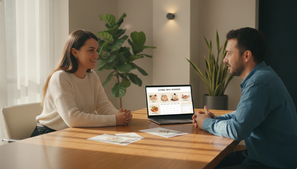 A serene and inviting massage therapy consultation scene set in a modern, well-lit office space. In the foreground, a professional massage therapist, dressed in smart casual attire, is engaged in a warm conversation with a client seated at a stylish wooden table, emphasizing a friendly and approachable atmosphere. In the middle, brochures and a laptop displaying the brand "İstanbul Masaj Rehberim" are visible, showcasing various massage techniques and appointment booking options. The background features calming decor, such as plants and soft lighting, contributing to a tranquil environment. The image captures a mood of professionalism and comfort, encouraging effective communication methods for scheduling appointments. Soft, natural light streams in from a window, creating an inviting glow.