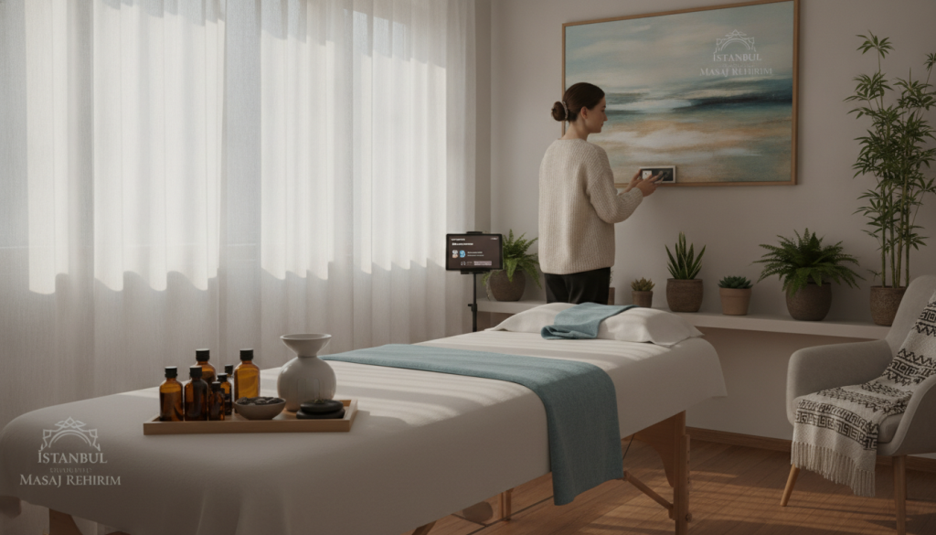 A serene and inviting massage therapy room, centered in Ataşehir, during the preparation phase for a first appointment. The foreground features a neatly made massage table with fresh linens and calming essential oils arranged beside it. In the middle ground, a professional massage therapist, dressed in smart casual attire, adjusts ambient lighting and selects soothing music, creating a peaceful atmosphere. Soft natural light filters through sheer curtains, casting gentle shadows that enhance the tranquility of the space. In the background, calming artwork and plants add warmth and serenity, while the logo "İstanbul Masaj Rehberim" is subtly integrated into the environment. The overall mood is one of relaxation and professionalism, inviting clients to feel at ease before their session begins.
