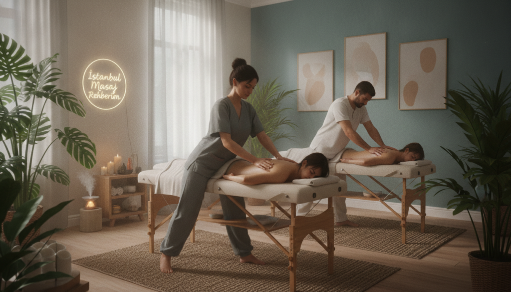 A serene and inviting massage therapy room in Beşiktaş, featuring a diverse group of professional therapists demonstrating various massage techniques. In the foreground, a skilled female therapist in modest, professional attire is performing a Swedish massage on a client lying on a treatment table, showcasing her expertise and concentration. In the middle ground, another therapist is seen providing a deep tissue massage to a different client, emphasizing the therapeutic environment. The background features calming decor with soft lighting, plants, and soothing colors, helping to create a tranquil atmosphere. The composition captures the essence of relaxation and professionalism associated with "İstanbul Masaj Rehberim." Soft, natural light filters through the window, enhancing the peaceful ambiance of the scene.